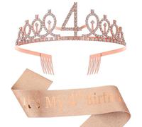 4th Birthday Decorations for Girls,Rose Gold Glitter Sash & Rhinestone Crown for 4 Year Old Girl Birthday Decor,Ideal Princess Gifts and Accessories for Little Birthday Girl