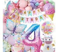 4th Birthday Decorations Girls, Unicorn Butterfly Foil Balloons, Pastel Balloons, Happy Birthday Banner, Party Supplies for Kids Children Birthdays