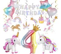 4th Birthday Decorations Kit with 3D Self Standing Unicorn, Star Heart Balloons, Hanging Swirls for Princess Theme Girls Kids Magical Party Supplies