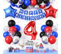 4th Birthday Decorations Red Black Blue,Metallic Silver Blue Red 4th Party Balloons Star Foil Balloons Banner Cake Topper Kids Theme Birthday Party Decor for 4 Year Old Boys Kids