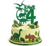 4th Birthday Dinosaur Cake Topper for Boys Girls - Green Glitter “Rawr I’m 4” Cake Decoration - Jurassic Dino Birthday Party Supplies - Kids Birthday Cake Decorations