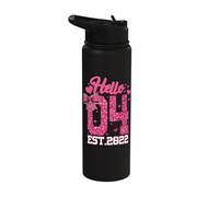 4th Birthday Girl Pink Coquette Bow Hello Four 4 Years Old Stainless Steel Insulated Water Bottle