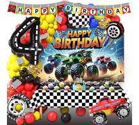 4th Birthday Monster Cars Truck Theme Party Decorations Set with Banner, Giant 40″ Number 3 Balloon, Banner, Backdrop, Tablecloth, Cake Toppers