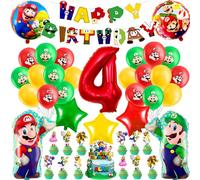 4th Birthday Party Decorations for Boys Girls- 4rd Kids Birthday Decorations Super Foil Balloons Bros Happy Birthday Banner Party Latex Balloons Cake Toppers for Ma rio Theme Party Supplies Decoration