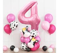 4th Cow Party Decorations for Girls, Pink Number 4 Balloon with Black and Pink Balloons, Cow Print Foil Helium Balloons for Girls Baby Shower 4 Years Birthday Farm Animals Cowgirl Theme Party Supplies