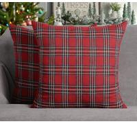 4TH Emotion Set of 2 Christmas Scottish Tartan Plaid Throw Pillow Covers Cushion Case Polyester for Farmhouse Home Decor Red and Green, 18 x 18 Inches