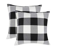 4TH Emotion Set of 2 Farmhouse Buffalo Check Plaid Throw Pillow Covers Cushion Case Polyester Linen for Fall Home Decor Black and White, 20 x 20 Inches