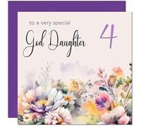 4th God Daughter Birthday Card - Purple Floral God-Daughter's Birthday Card for 4 Year old Kids four, fourth