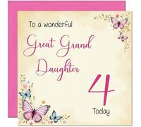 4th Great Granddaughter Birthday Card - Beautiful Butterfly Floral Birthday Card for 4 Year old Kids four, fourth