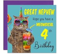 4th Great Nephew Birthday Card - Meowgical Cat Funny Birthday Card for 4 Year old Kids four, fourth