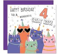 4th Great Niece Birthday Cards - Childrens Cute Cat Great Niece Birthday Card for 4 Year old Kids four, fourth