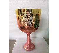 4th Octave about 5.3" mixed color shinny Crystal Singing grail,Perfect G# note Thyroid chakra with carved"Sri Yantra" design for sound theraphy 432Hz standard.