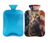 4th of July American Flag Cat Hot Water Bottle with Cover, 2L Hot Water Bag for Pain Relief, Neck Soft and Shoulder, Hand Feet Warmer, Hot and Cold Compress for Adult Kids