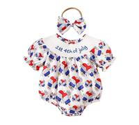 4th of July Baby Girl Outfits Newborn American Flag Romper Newborn Short Sleeve Romper Bodysuit Bowknot Headband Clothes Summer Printed nesie First Birthday Cute Home Jumpsuit (Blue, 12-18 Months)