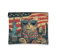 4th of July Bengal Cat Makeup Bag 7x9 Inch for Travel Pouch, 250 Years Vintage Anniversary Toiletry Cosmetic Pouch for Women, Patriotic Portable Canvas Zipper Organizer