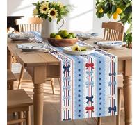 4th of July Bow Ribbon Patriotic Stars Table Runner 120 Inches Long, Red Blue Bowknot Washable Table Runners Heat-Insulation Kitchen Dining Table Decorations for Home Party Decor 13x120in
