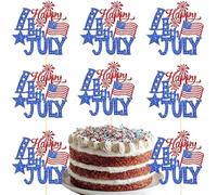 4th of July Cake Toppers Set - 8Pack Independence Day Cupcake Topper Red Blue Glitter Patriotic American Flag Firework Star Design Cake Pick for Fourth of July Cake Decoration Party Celebration Supply