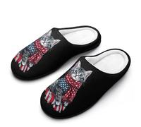 4th of July Cat U.S. Flag Men's Cotton Slippers Winter Warm Slip-on House Shoes with Anti-Skid Rubber Sole 11-12（44-45）