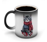 4th of July Cat U.S. Flag Stylish Heat Sensitive Coffee Mug with Handle 12 Oz Ceramic Color Changing Cups