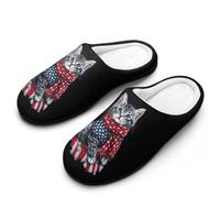 4th of July Cat U.S. Flag Women's Cotton Slippers Winter Warm Slip-on House Shoes with Anti-Skid Rubber Sole 7-8（39-40