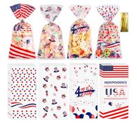 4th of July Cellophane Treat Bags, 100pcs Independence Day Candy Bags, 4 Styles Clear Fourth of July Goodie Bag with Twist Ties for Independence Day, Memorial Day, Veterans Day, and Party Favors