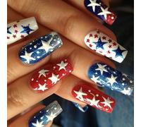 4th of July Fake Nails French Tip Press on Fake Independence Day Glues on Artificial False Artificial False