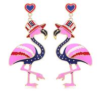 4th of July Flamingo Earrings Enamel Independence Day Patriotic Flamingo Friendly Dangle Earrings American Flag Tropical Bird Drop Earring for Women Hawaiian Vacation Party Jewelry Gift, L, Metal, No