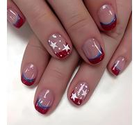 4th of July French Tip Press on Nails Short Square SWEKKE Patriotic Fake Nails False Nails with Stars Glitter Designs White Blue Red Glossy Glue on Nails Acrylic Nails for Women Girls 24Pcs