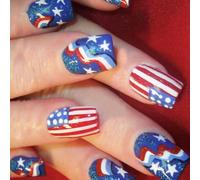 4th Of July Glues On Nails Short Square Fake Independence Day French Tip Press On Artificial Acrylic Glues On Nail