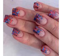 4th Of July Glues On Nails Short Square Fake Independence Day French Tip Press On Artificial Acrylic Artificial False Nail