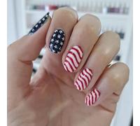 4th Of July Glues On Nails Short Square Fake Nails Independence Day French Tip Press On Nails Artificial Acrylic Nails