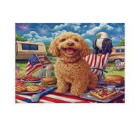 4th of July Golden Doodle Dog Jigsaw Puzzles for Adults 500 Piece, 250 Years BBQ Wooden Puzzles, American Anniversary Pattern Decor for Home Entertainment