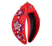 4th of July Headbands for Women, 4th of July Accessories, American Flag Patriotic Headbands, Rhinestone Pearl Knotted Headbands Beads Embellished Jeweled Headbands Holiday Gifts (Star D-Red)