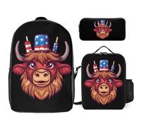 4th of July Highland Cow-Popsiclees USA 3 Pieces Set Laptop Backpack Casual Daypack with Lunch Box Pencil Case for Travel