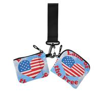 4th Of July Independence Day Land Of Free Red and Blue Love Dual Coin Purse Credit Card Holder Wallet Slim Detachable Key Chain Wallet Change Purse with Zipper Pocket for Work Travel 2 Packs, 4th Of