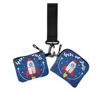 4th Of July Independence Day Red and Blue ROCKETS Women's Dual Wallets Business Card Cases Cute Fashion Zipper Wristlet Wallet with Keychain for Woman 2 Packs, 4th Of July Independence Day Red and