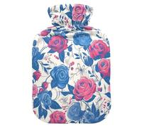 4th of July Independence Day Red and Blue Roses hot Water Bottles with Soft Cover, 1L hot Compress for Hand Feet Warmer, Period Cramps, compresas calientes para el vientre