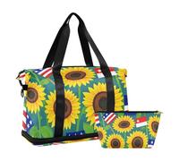 4th of July Independence Day Yellow Sunflower Large Carry On Airport Bag with Wet Pocket Adjustable Strap Gym Sports Duffel Bags for Gym 2 Pcs Set for Men Women