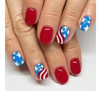 4th of July Nail Glued On Nail Short Square Fake Independence Day French Tip Press Artificial Acrylic Independence Day French Tip Press On Nail