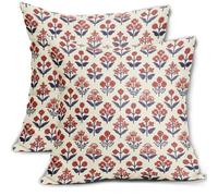 4th of July Patriotic Floral Block Print Pillow Covers 20x20 Inch Set of 2, Navy Blue Red Vintage Flower Decorative Throw Pillowcases Outdoor Memorial Day Cushion Covers Holiday Sofa Couch Bed Decor