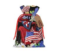 (4th Of July Patriotic Old Red Truck) Christmas Burlap Gift Bags, Eco-Friendly Polyester Drawstring Pouches For Holiday, Birthday & Party Gift Packaging S