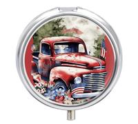 4th of July Patriotic Old Red Truck Printed Pill Box Pill Container Portable Medicine Pill Case Metal Travel Pill Box Vitamin Container with 3 Compartment Medicine Case
