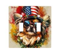 4th of July Pekingese Decorative Switch Cover 2 Gang Double Toggle, Independence Day Dog Wall Plate Cover, Standard Size, Flower Pet Fun Electrical Faceplate for Bedroom Living Room Decor