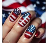 4th of July Press on Nails Short Oval SWEKKE Fake Nails False Nails with Designs American Flag Stars White Blue Red Glossy Glue on Nails Acrylic Nails for Women Girls 24Pcs