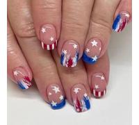 4th of July Press on Nails Short Square SWEKKE French Tip Fake Nails Cute Nails False Nails with Stripes Stars Designs Glossy Glue on Nails Nude Pink Stick on Nails for Women Girls 24 Pcs