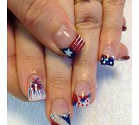 4th of July Press on Nails Short Square SWEKKE French Tip Fake Nails False Nails with Designs Fireworks Stars Full Cover Glossy Glue on Nails Stick on Nails for Women Girls 24 Pcs