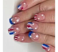 4th Of July Press On Nails Square French Tip Fake Independence False With America Flags Star Stick On Glues On Nail