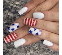 4th Of July Press On Nails Square French Tip Fake Independence False With America Flags Star Stick On Glues On Nail