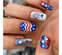 4th Of July Press On Nails Square French Tip Fake Independence False With America Flags Star Stick On Independence Day French Tip Press On Nail