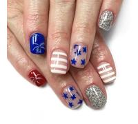 4th of July Press on Nails Square French Tip Fake Independence False with America Flags Star Stick on Independence Day French Tip Press on